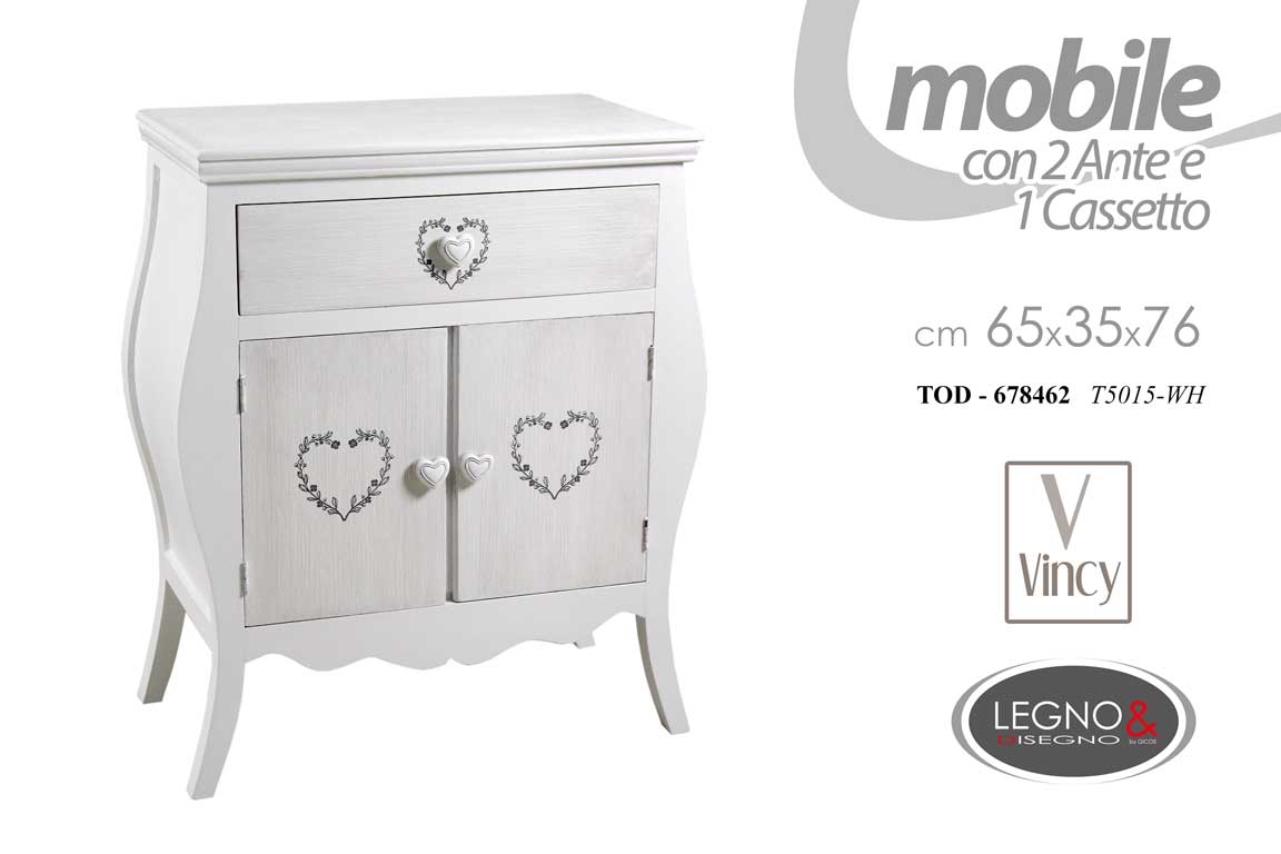 8025569678462 MOBILE COMODINO CUORE SALOTTO BAGNO SHABBY CHIC CASSETTO 2 ANTE COMò 76*65*34 - immagine 1