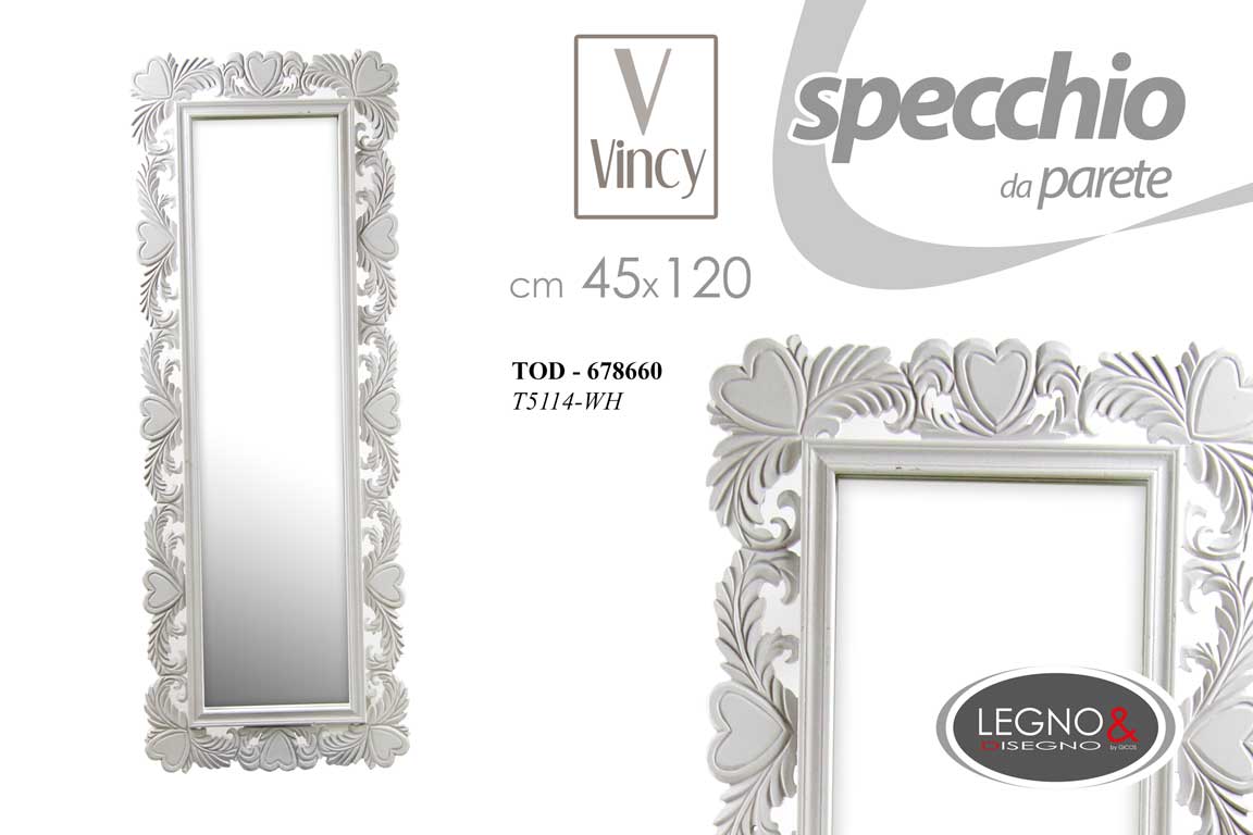 8025569678660 SPECCHIO CUORE LEGNO FIGURA INTERA DA PARETE LEGNO BIANCO SHABBY CHIC 120*45 cm - immagine 1