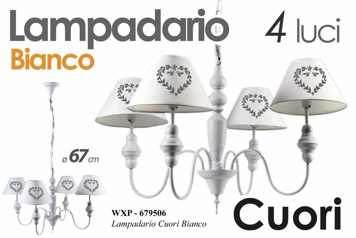 8025569679506 LAMPADARIO 67CM METALLO 4 LUCI Lampada Sospensione SHABBY CHIC CUORE CUORI - immagine 1