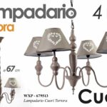 LAMPADARIO METALLO TORTORA CUORE CUORI 4 LUCI COPPE TELA SHABBY CHIC 67*130 CM