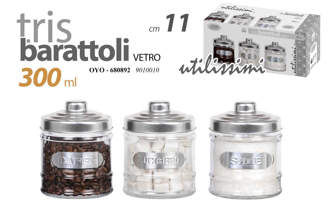 8025569680892 Tris 3 PZ Barattoli Contenitori 300 ML Vetro Sale Zucchero Caffè Barattolo 11 cm - immagine 1