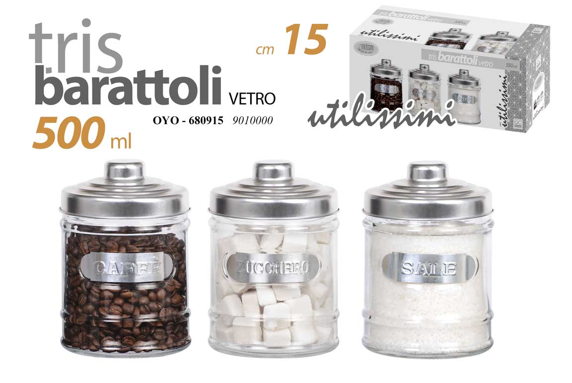 8025569680915 Tris 3 PZ Barattoli 15 CM Contenitore 550 ML Barattolo Vetro Sale Zucchero Caffè - immagine 1