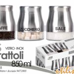 SET Barattoli Sale Zucchero Caffè Tris 3 Contenitori METALLO A Vetro 850 ML 15cm