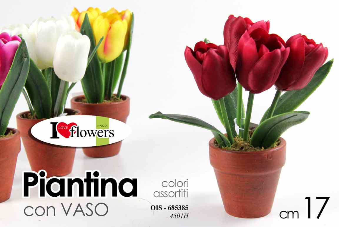 8025569685385 PIANTA TULIPANI PIANTINA FINTA CON VASO FIORI FINTI ARTIFICIALE FIORE 17 CM - immagine 1