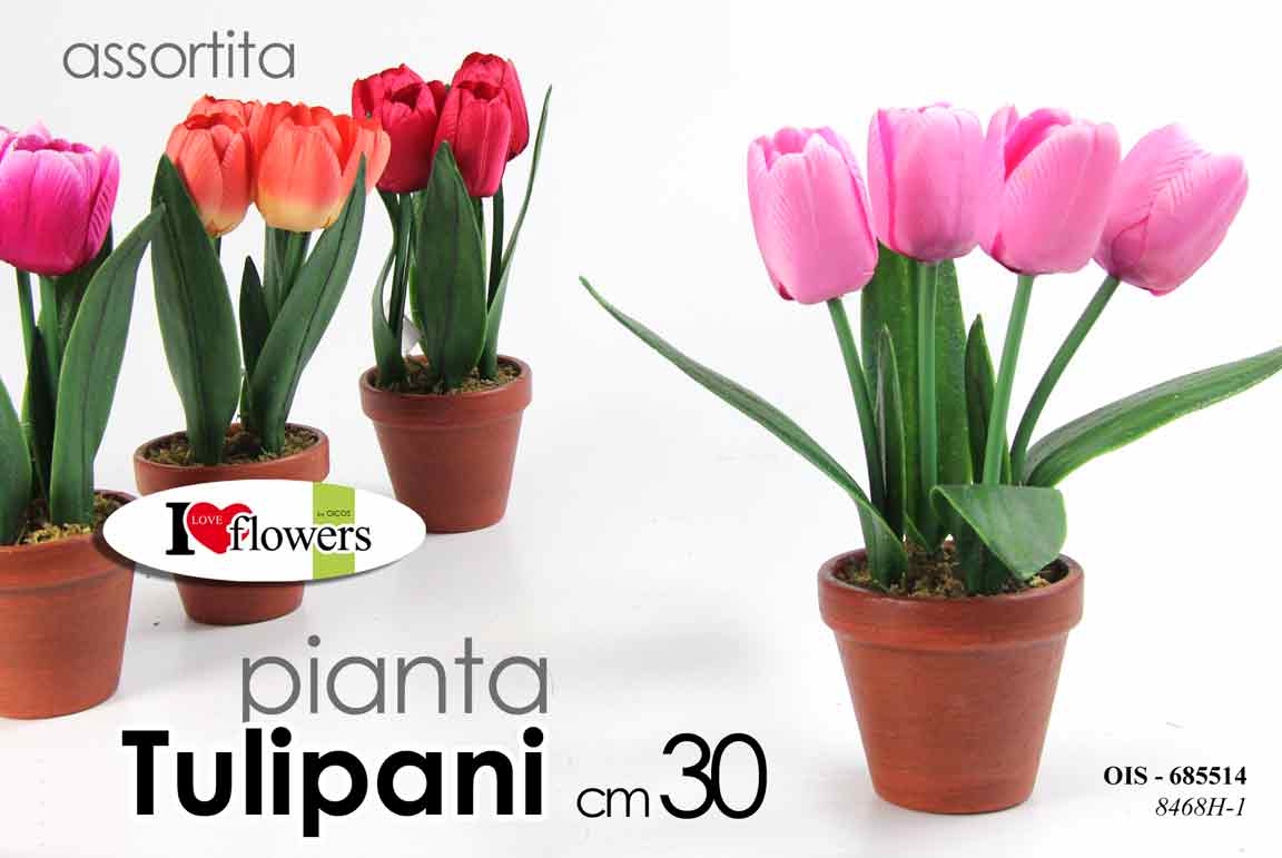 8025569685514 PIANTA TULIPANI 30 cm PIANTINA FINTA ARTIFICIALE FIORI FIORE TULIPANO CON VASO - immagine 1