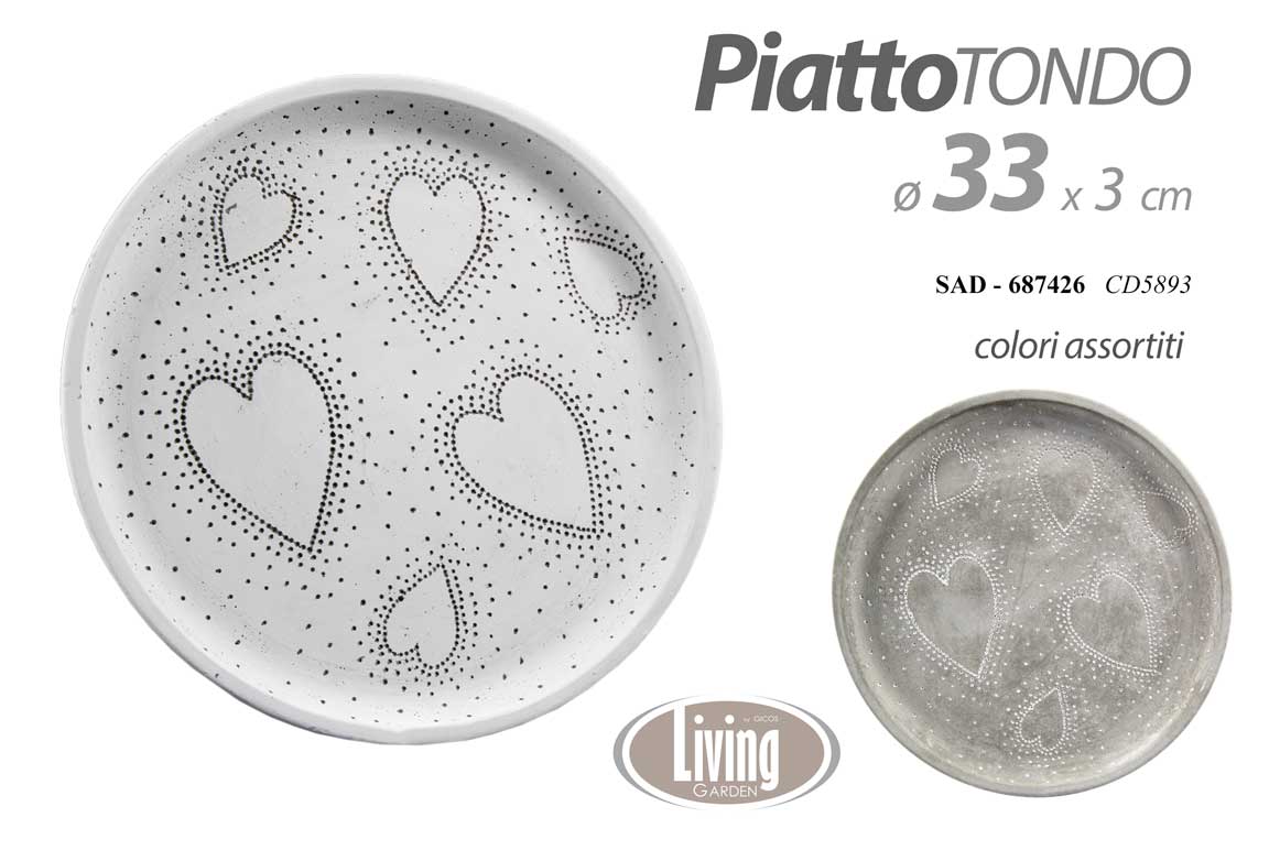 8025569687426 PIATTO TONDO DECORATIVO CUORE CERAMICA DESIGN SHABBY CHIC BIANCO GRIGIO ASS 33cm - immagine 1