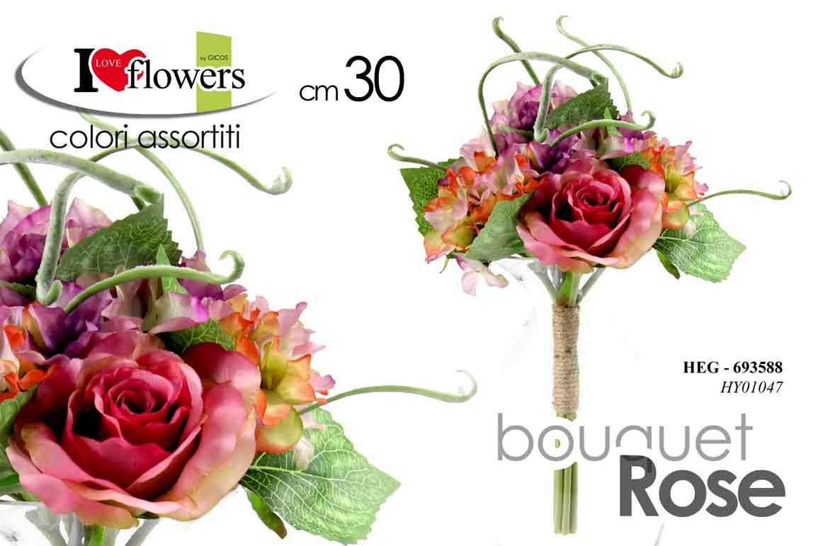 8025569693588 BOUQUET MAZZO ROSE ROSA MAZZOLINO FIORI FINTI FIORE ARTIFICIALE ASSORTITE 30 CM - immagine 1