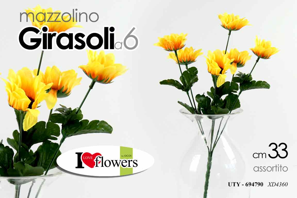 8025569694790 RAMETTO GIRASOLE 6 GIRASOLI 33 CM CON STELO FIORE DECORATIVO ARTIFICIALE PIANTA - immagine 1