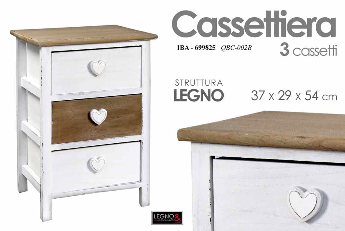 8025569699825 CASSETTIERA CUORE Country 3 CASSETTI LEGNO ANTICATO BIANCO MARRONE 54*37*29 cm - immagine 1