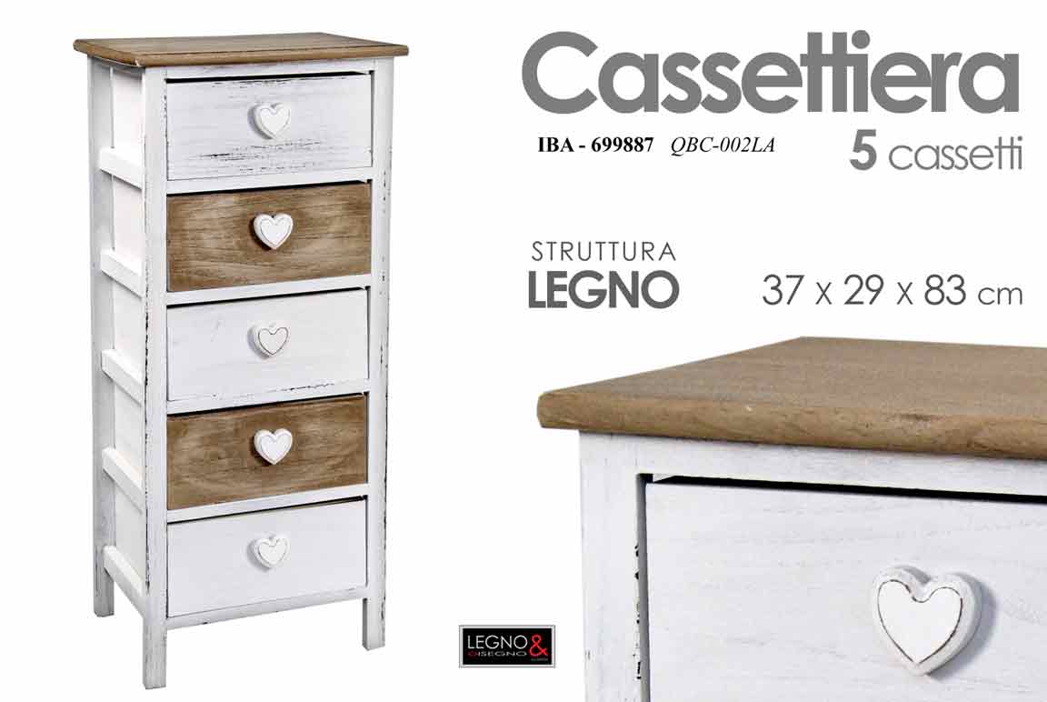 8025569699887 CASSETTIERA 5 CASSETTI CUORE LEGNO COUNTRY BIANCA MARRONE ANTICATA 37*29*H83CM - immagine 1