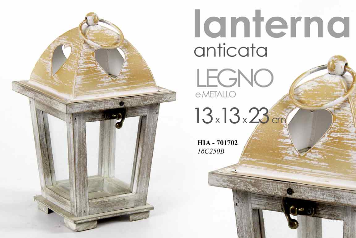 8025569701702 LANTERNA LEGNO ANTICATA PORTACANDELA PIZZERIA RISTORANTE GIARDINO CUORE 23*13 cm - immagine 1