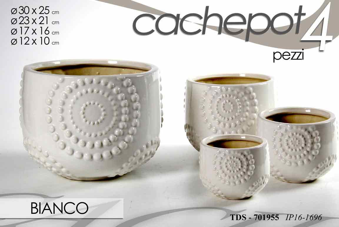 8025569701955 4 VASI CACHEPOT VASO PORTA PIANTA CERAMICA MODERNO CLASSICO BIANCO 30/23/17/12cm - immagine 1