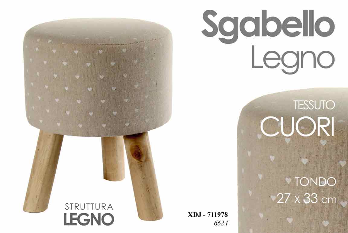 8025569711978 SGABELLO SGABELLINO LEGNO TONDO TESSUTO 27*33CM DECORO CUORE - immagine 1