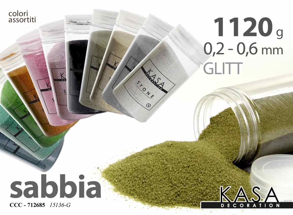 8025569712685 SABBIA DECORATIVA COLORATA VASI PIANTE DECOUPAGE EVENTI HOBBY 0,2-0,6MM 1120GR - immagine 1