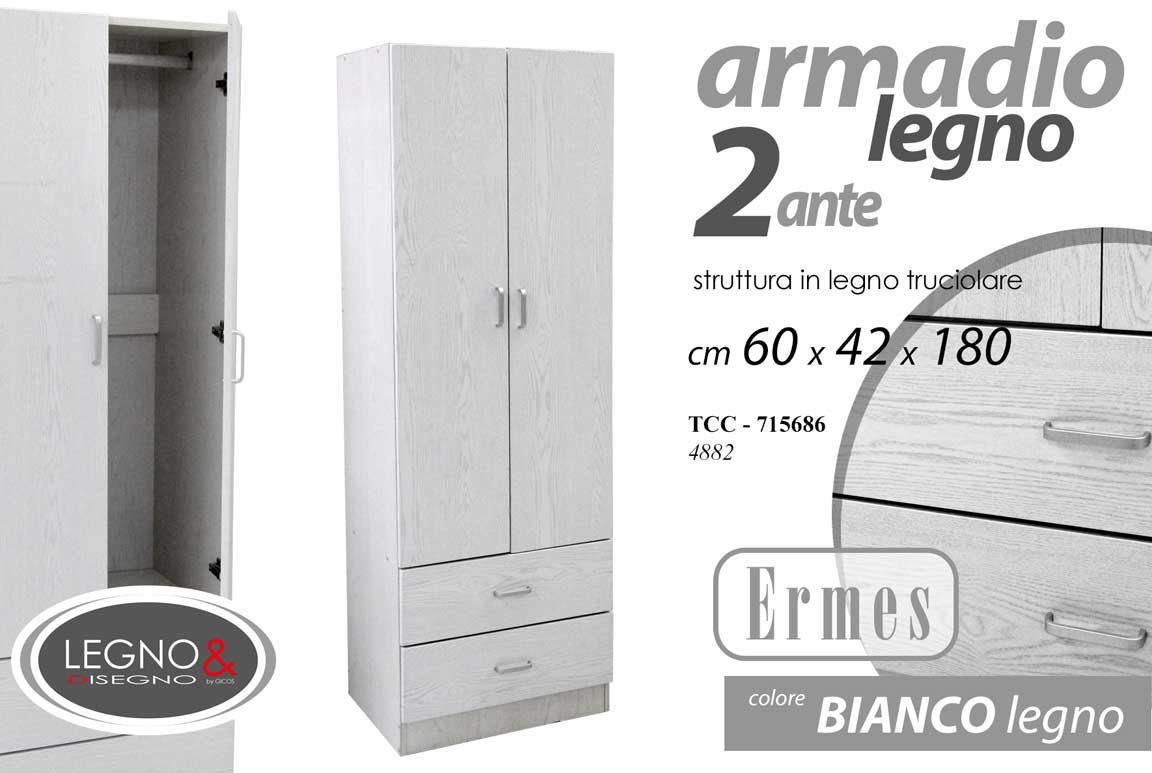 8025569715686 ARMADIO MODERNO 2 ANTE 2 CASSETTI APPENDIABITI LEGNO ROVERE BIANCO H180*60*42 CM - immagine 1