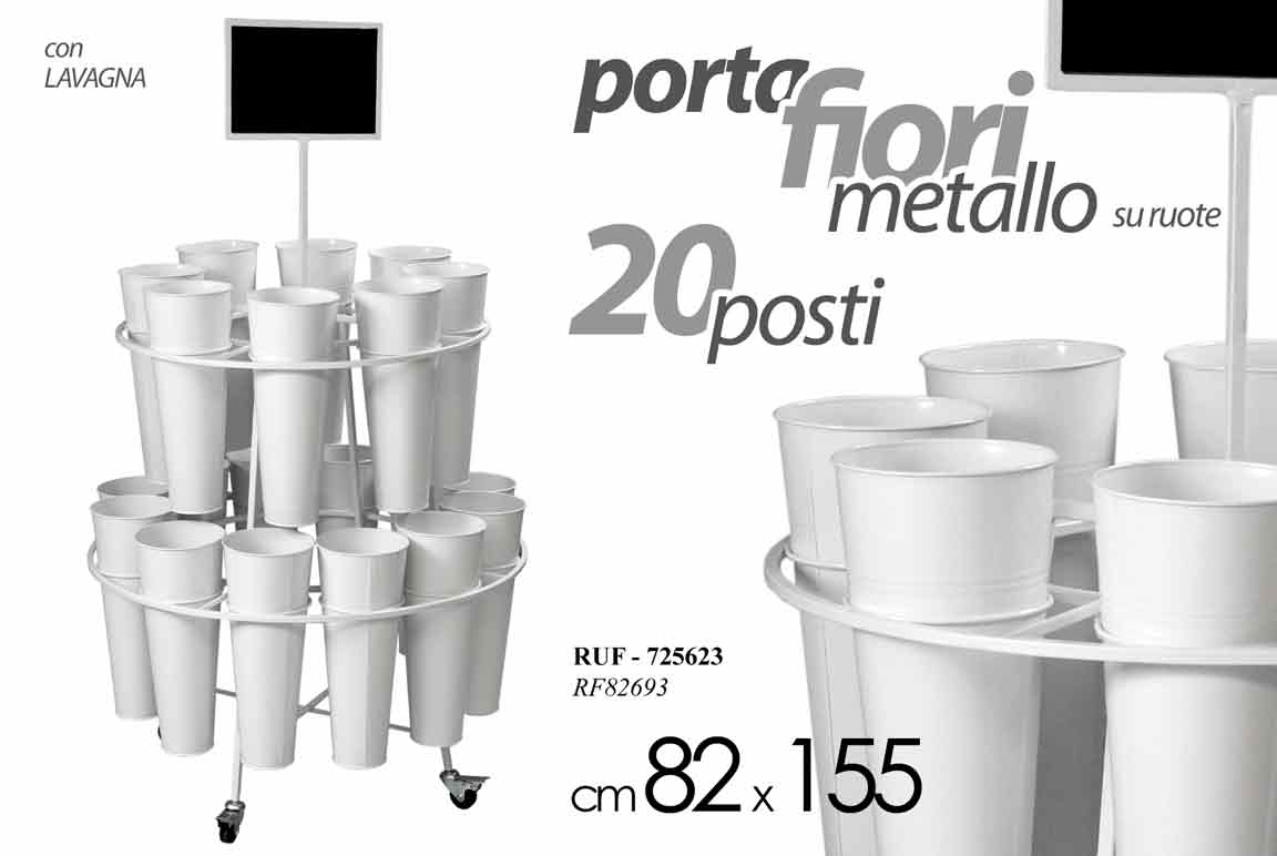 8025569725623 ESPOSITORE PORTAFIORI METALLO 20 SECCHIELLI Fiorai Vivai RUOTE LAVAGNA 155*22 cm - immagine 1