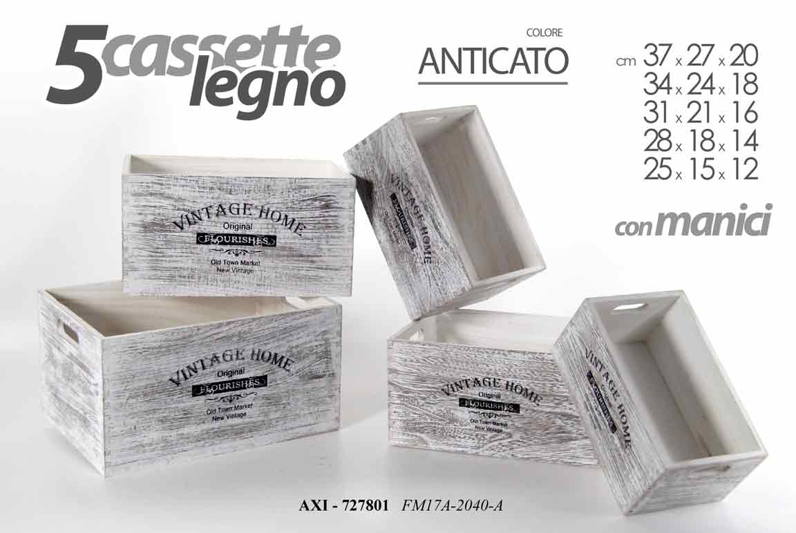 8025569727801 5 CASSETTE LEGNO ANTICATO CASSETTA PORTA OGGETTI CONTENITORE 37/34/31/28/25 cm - immagine 1