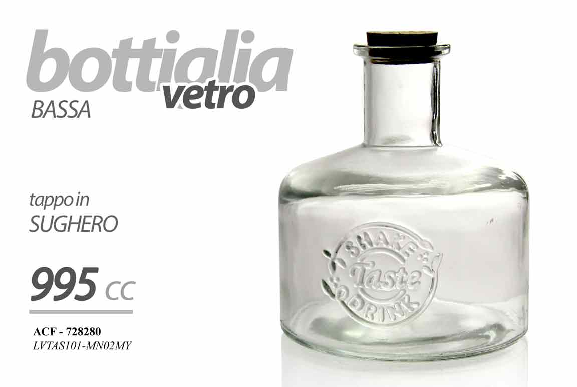 8025569728280 BOTTIGLIA BOTTIGLIETTA BASSA IN VETRO TAPPO SUGHERO BOMBONIERA 995 ML - immagine 1