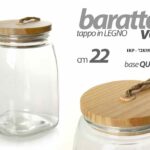 BARATTOLO 22 cm VETRO TAPPO LEGNO ERMETICO Contenitore BASE QUADRATA MODERNO