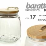 BARATTOLO 17 cm VETRO TAPPO LEGNO ERMETICO Contenitore BASE QUADRATA MODERNO