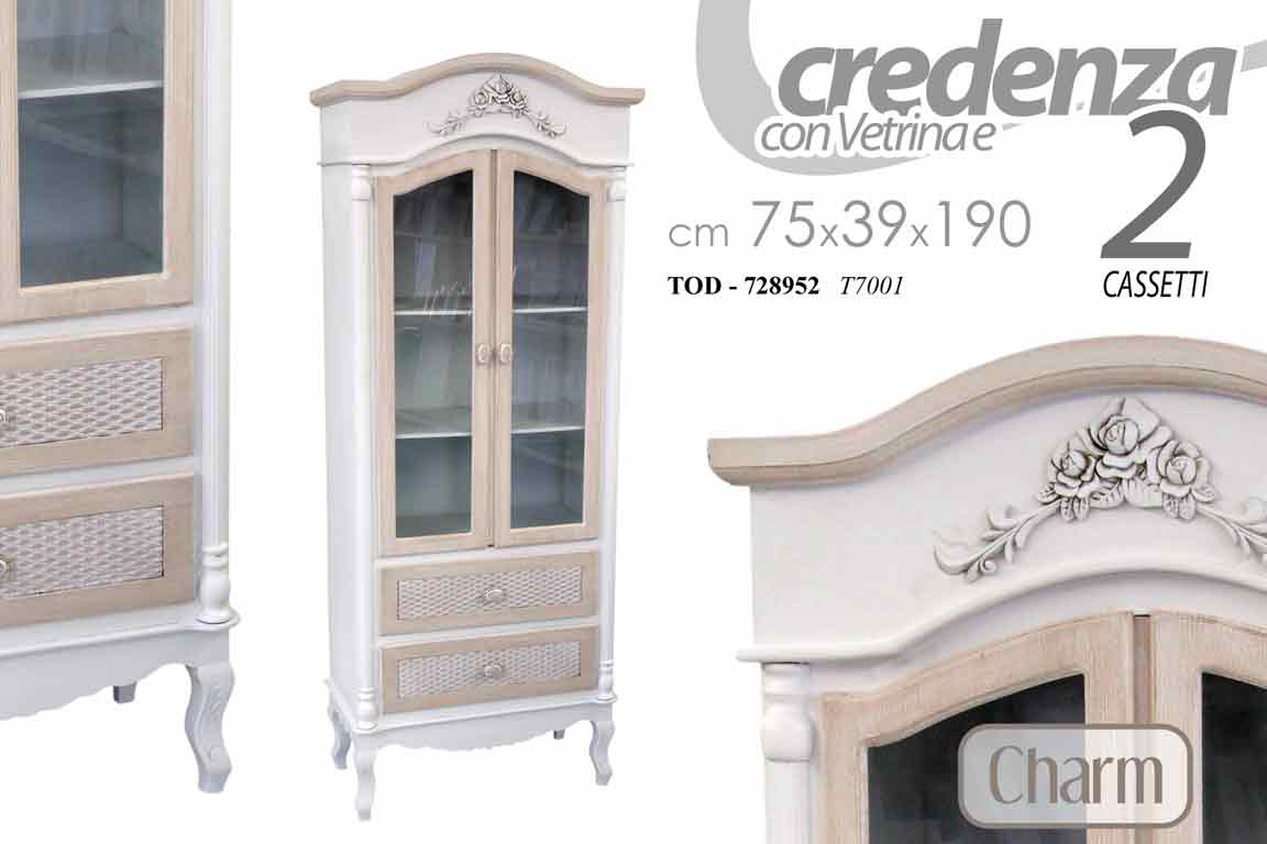 8025569728952 VETRINA CREDENZA MADIA ANTE CASSETTI SHABBY CHIC CHARM BIANCO BEIGE 190*75*39 cm - immagine 1