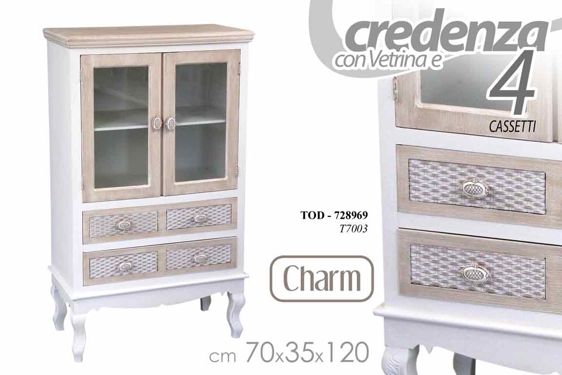 8025569728969 MOBILE CREDENZA VETRINA VETRINETTA LEGNO SHABBY CHIC MARRONE BEIGE h120*70*35cm - immagine 1