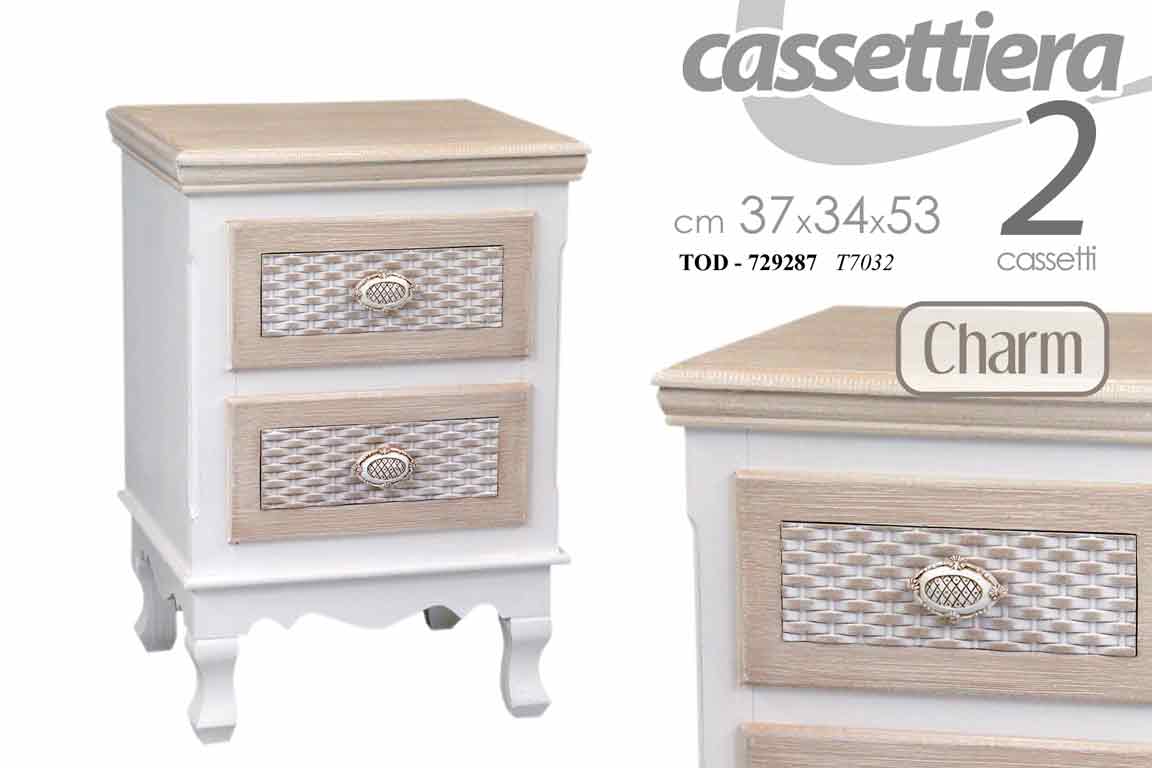 8025569729287 COMODINO 2 CASSETTI SHABBY CHIC SALOTTO CAMERETTA LEGNO BIANCO MARRONE 37*33*H53 - immagine 1