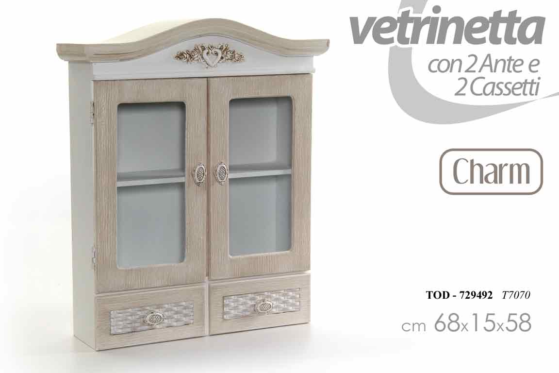 8025569729492 PENSILE VETRINA CREDENZA PARETE 2 ANTE 2 CASSETTI BIANCO MARRONE 52*15*h58 CM - immagine 1