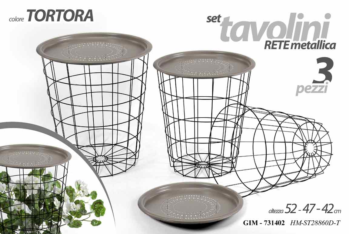 8025569731402 3 TAVOLINI FIORIERE CASA GIARDINO TAVOLI TORTORA METALLO RETE PIANTE 52-47-42cm - immagine 1