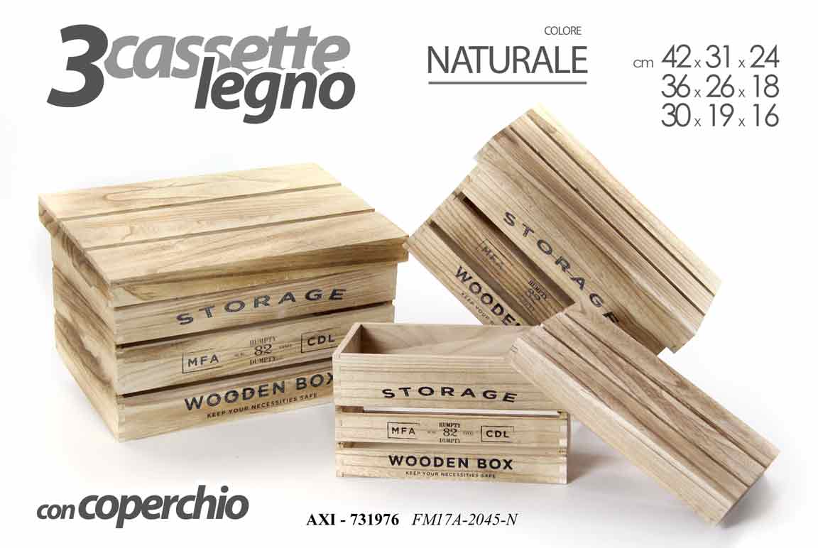 8025569731976 3 CASSETTE CON COPERCHIO LEGNO NATUR CASSETTA PORTA OGGETTI CONTENITORE 42/36/30 - immagine 1