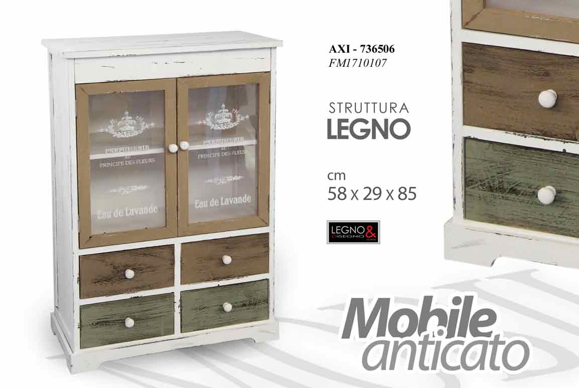 8025569736506 MOBILE VETRINA VETRINETTA ANTICATO MOBILETTO 2 ANTE 4 CASSETTI LEGNO 85*58*29 cm - immagine 1