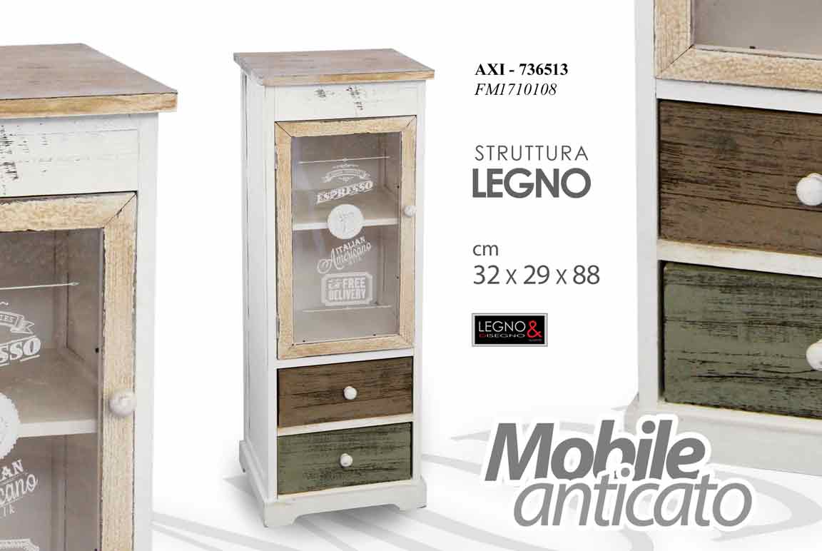 8025569736513 MOBILE VETRINA VETRINETTA ANTA 2 CASSETTI MOBILETTO LEGNO ANTICATO 88*32*29 cm - immagine 1
