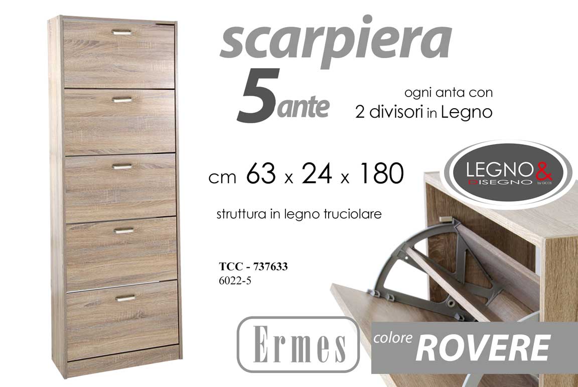8025569737633 SCARPIERA SLIM VERTICALE 5 ANTE DOPPIA SALVASPAZIO MODERNA ROVERE h180*63*24cm - immagine 1