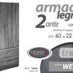 ARMADIO NERO MODERNO 2 ANTE 2 CASSETTI ROVERE SBIANCATO LEGNO STRIA h180*60*42cm