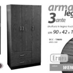 Armadio Guardaroba moderno Appendiabiti 3 ANTE 2 CASSETTI NERO WENGè 90*42*H180