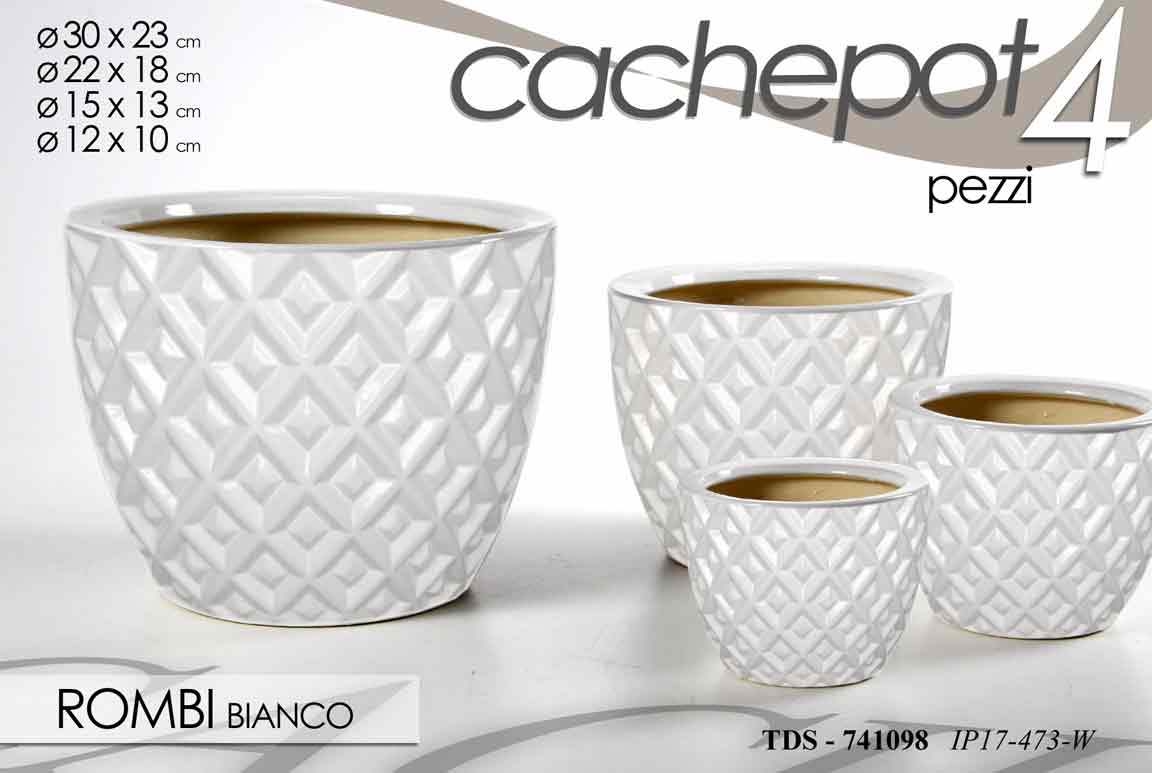 8025569741098 4 VASI CACHEPOT CERAMICA MODERNO CLASSICO VINTAGE VASO ROMB BIANCO 29/21/15/12cm - immagine 1