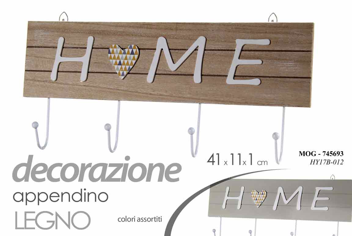 8025569745683 APPENDINO DECORAZIONE DA PARETE MURO PORTA ARREDO LEGNO HOME 4 GANCI 41*11 CM - immagine 1