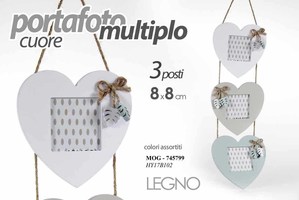 8025569745799 PORTAFOTO MULTIPLO PARETE CORNICE CUORE LEGNO FOTO 3 POSTI 8*8 APPENDINO ASSORT - immagine 1