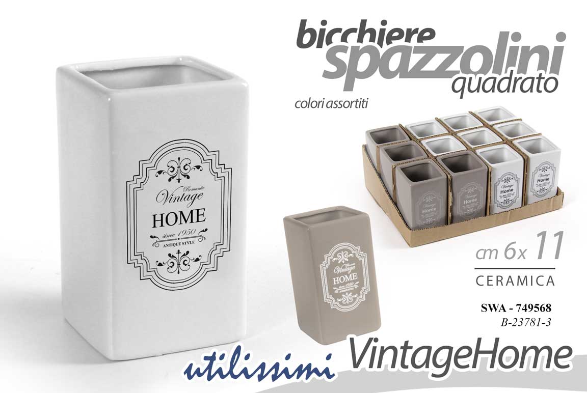 8025569749568 Porta spazzolini bicchiere bagno vintage ceramica quadrato moderno ass 11x6 cm - immagine 1