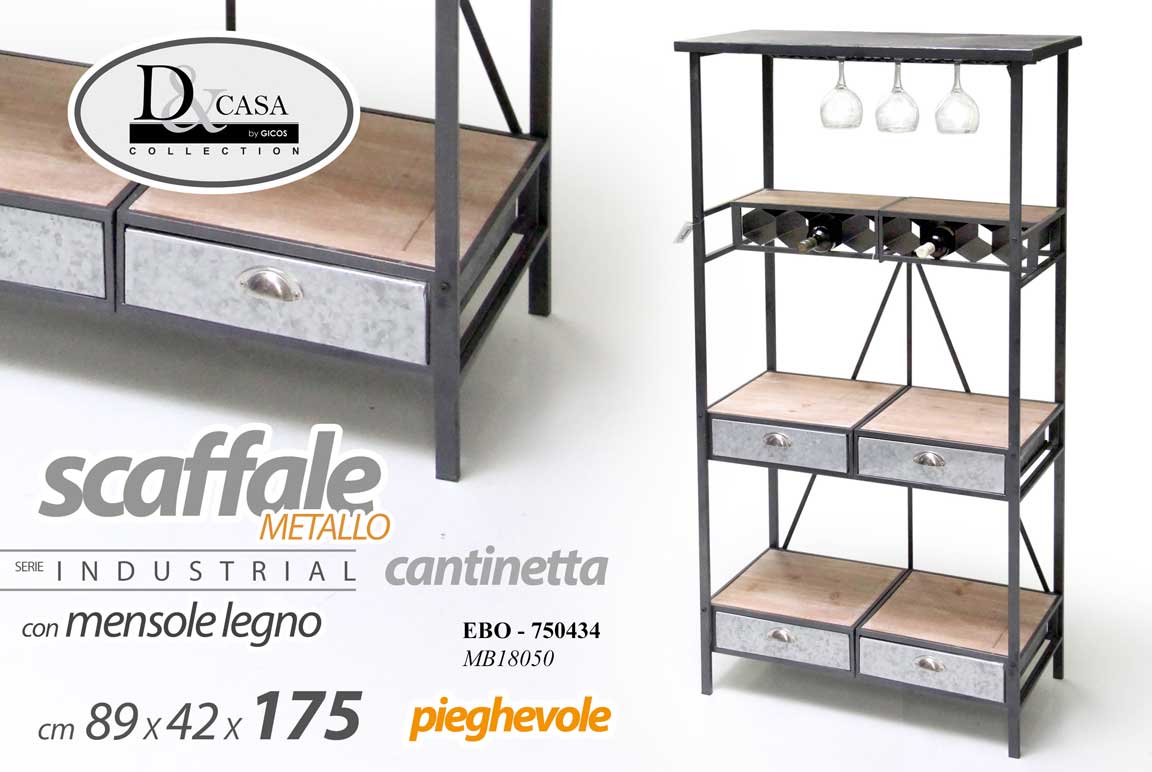8025569750434 SCAFFALE METALLO CANTINETTA PORTA BOTTIGLIE E BICCHIERI MENSOLE LEGNO 175*89*42 - immagine 1