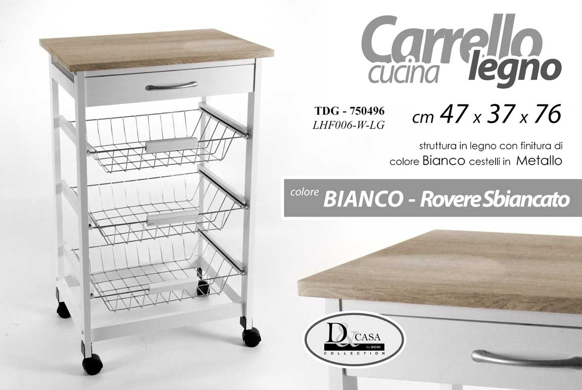 8025569750496 CARRELLO CUCINA LEGNO 3 CESTE PORTA FRUTTA + CASSETTO RUOTE ROVERE 76*47*37 CM - immagine 1