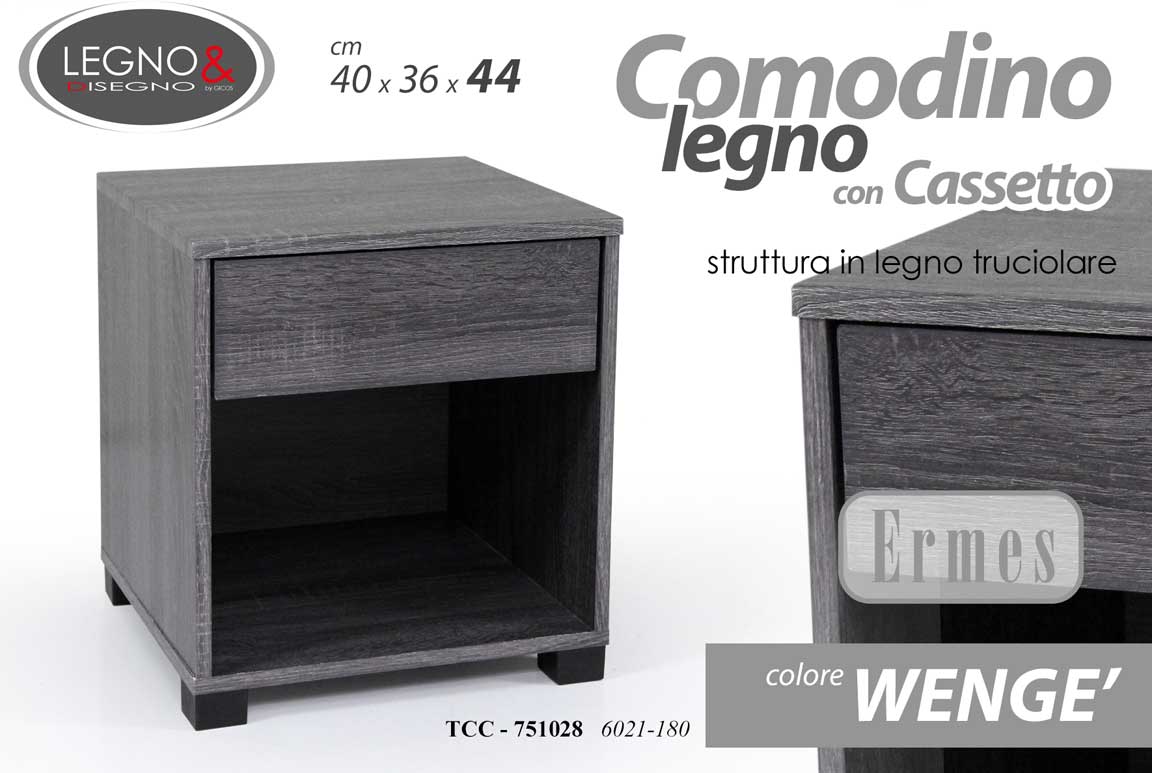 8025569751028 COMODINO h44*40*36 CM LETTO NERO CHIC WENGè 1 CASSETTO MODERNO LEGNO ROVERE SBIA - immagine 1