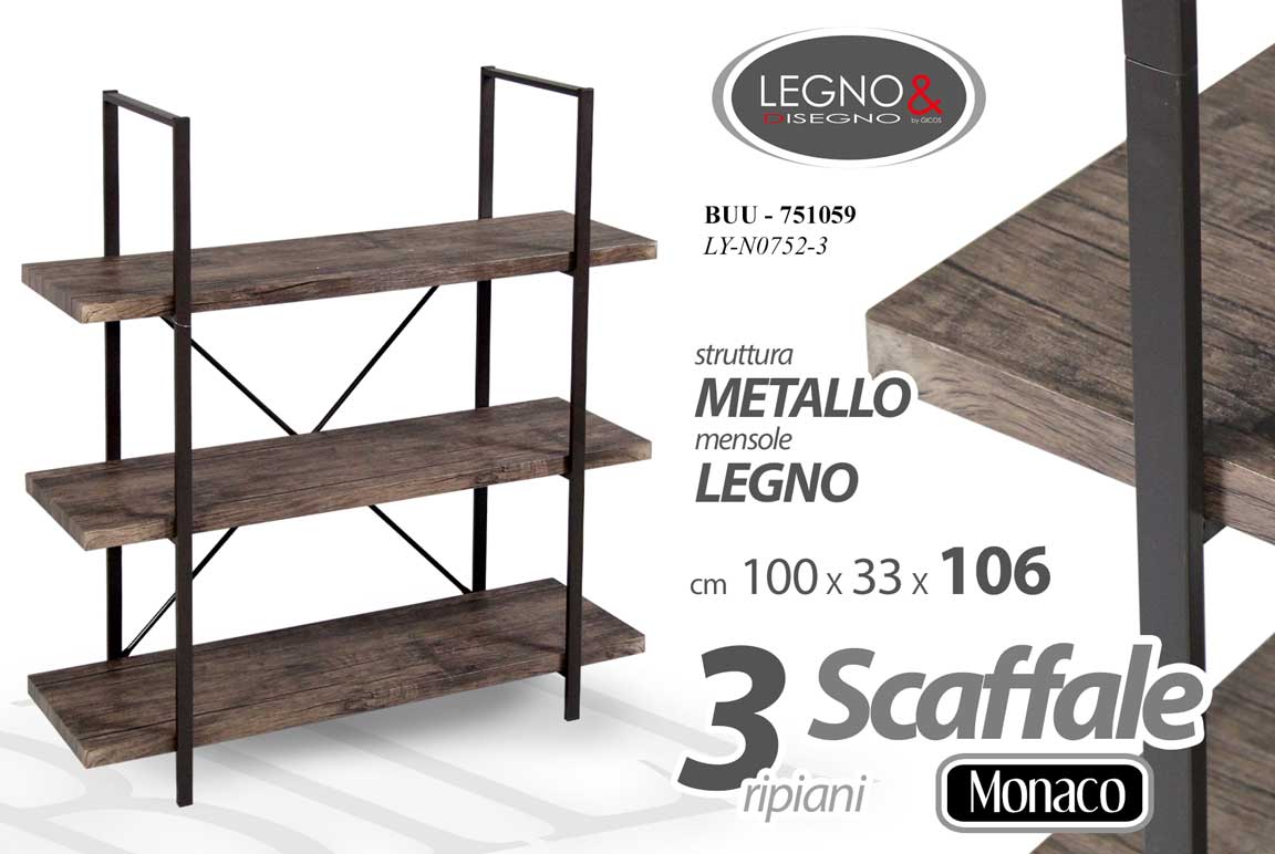 8025569751059 SCAFFALE LIBRERIA ENTRATINA 3 RIPIANI LEGNO INGRESSO METALLO INDUSTRY 106*100*33 - immagine 1