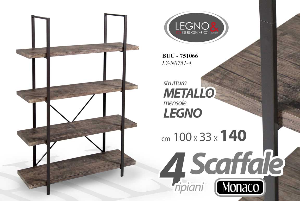 8025569751066 SCAFFALE METALLO LIBRERIA ENTRATINA 4 MENSOLE RIPIANI LEGNO INGRESSO h140*100*33 - immagine 1