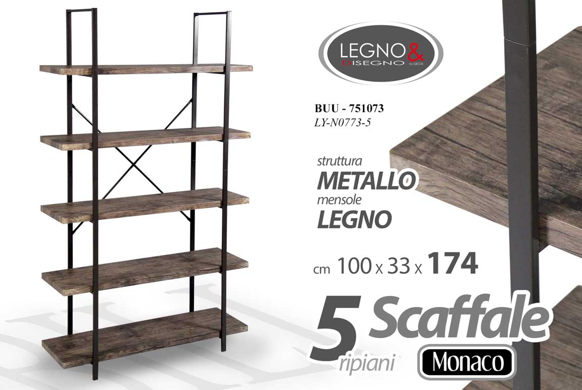 8025569751073 SCAFFALE METALLO LIBRERIA 5 MENSOLE RIPIANI LEGNO ENTRATINA INGRESSO 174*100*33 - immagine 1