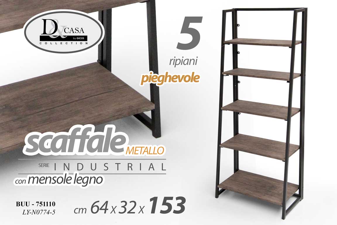 8025569751110 SCAFFALE LIBRERIA ENTRATINA 5 RIPIANI LEGNO METALLO PIEGHEVOLE INDUSTR 115*64*32 - immagine 1