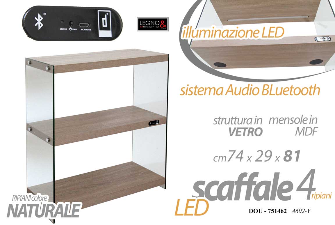 8025569751462 SCAFFALE LIBRERIA VETRO 4 RIPIANI LEGNO NATUR MDF LED E Audio Bluetooth 81*74*29 - immagine 1