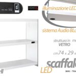 SCAFFALE LIBRERIA VETRO 4 RIPIANI LEGNO BIANCO + LED E Audio Bluetooth 81*74*29
