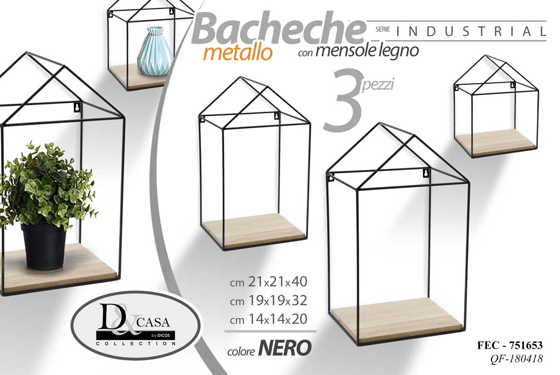 8025569751653 3 MENSOLE PARETE BACHECA CASA MENSOLA LEGNO SOSPESA METALLO NERO H20/32/40 cm - immagine 1
