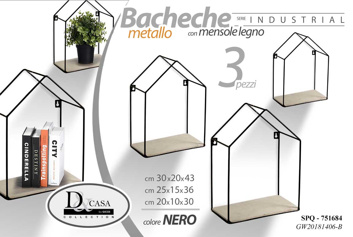 8025569751684 3 MENSOLE PARETE BACHECA CASA MENSOLA LEGNO SOSPESA METALLO NERO 43-36-30 cm - immagine 1